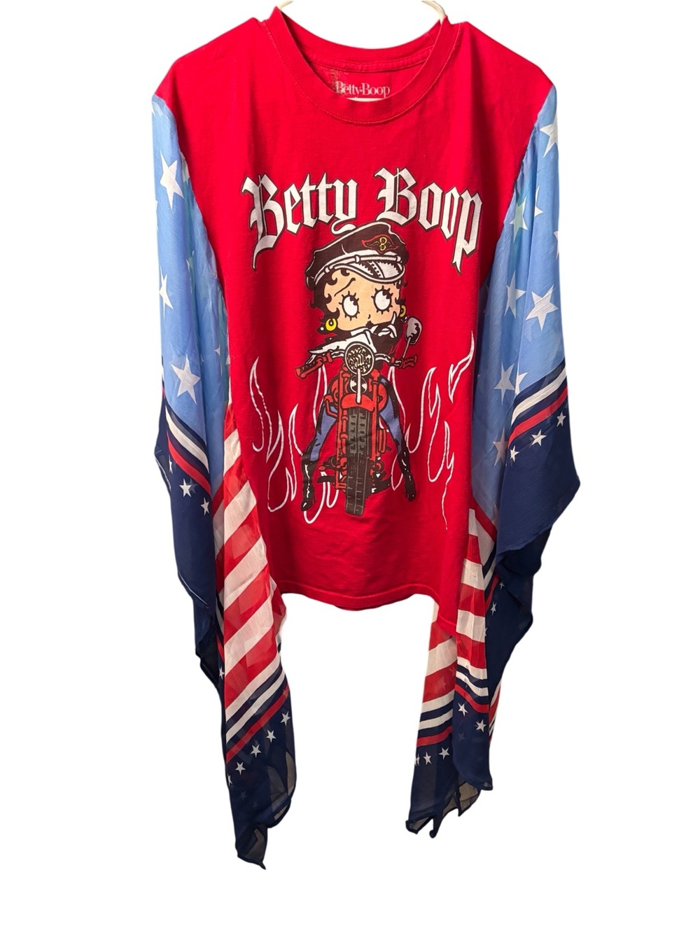 Betty Boop Red Graphic Motorcycle T-shirt with Star-Spangled Sleeves Rocktop